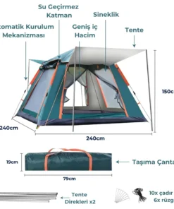 Altair otomatik kamp çadırının 240x240x150 cm ölçüleri, taşıma çantası ve kutu içeriği detaylı görsel.