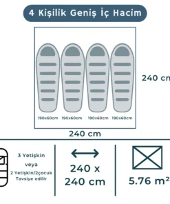 240x240 cm ölçülerindeki Altair otomatik kamp çadırının iç hacmi, dört adet 190x60 cm uyku tulumu yerleşimiyle görselleştirilmiş. Çadır, 3 yetişkin veya 2 yetişkin ve 2 çocuk için önerilir.